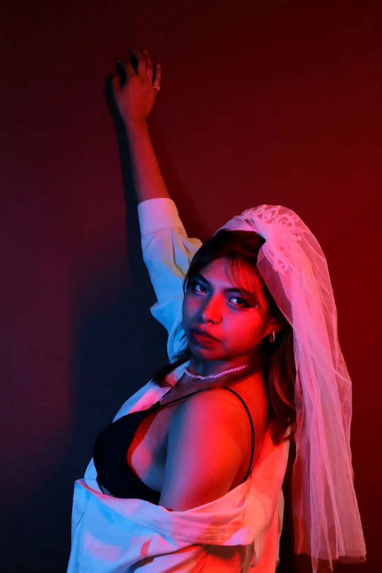 The bride in her veil under red light